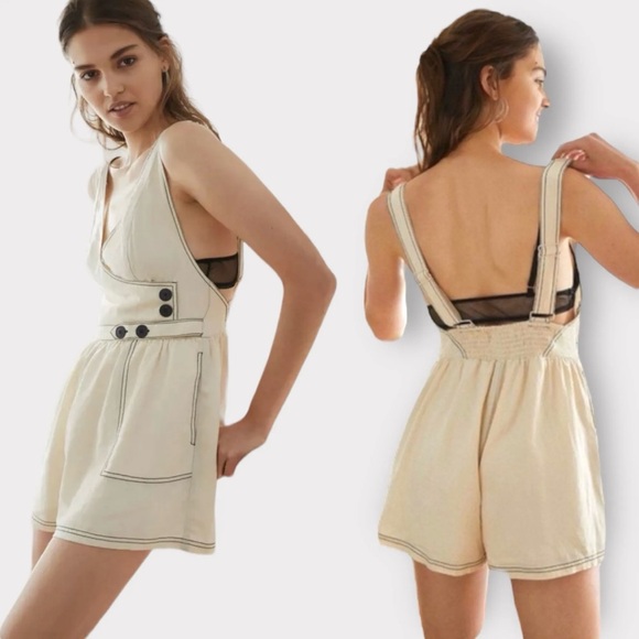 Urban Outfitters Pants - 113 UO NEW Small Backless Romper Shorts Playsuit Linen Cream Pockets Auction